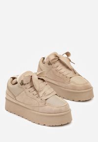 Renee - Ciemnobeżowe Sneakersy Śniegowce na Platformie Velavine. Kolor: beżowy. Materiał: jeans. Obcas: na platformie #3