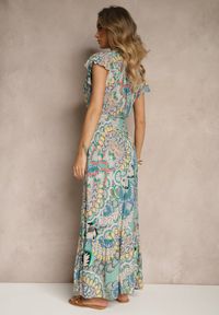 Renee - Zielono-Żółta Sukienka z Bawełny w Stylu Boho z Kopertowym Dekoltem Dillana. Kolor: zielony. Materiał: bawełna. Wzór: aplikacja. Typ sukienki: kopertowe. Styl: boho. Długość: maxi #2