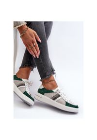 S.Barski Sneakersy Skórzane Damskie D&A LR110 Zielono-Białe zielone. Kolor: zielony. Materiał: skóra. Sezon: wiosna, lato. Obcas: na platformie #4