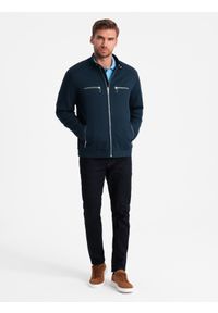 Ombre Clothing - Męska kurtka typu biker ze stójką i kieszeniami – granatowa V1 - Rozmiar: L. Okazja: na co dzień. Typ kołnierza: kołnierzyk stójkowy. Kolor: niebieski. Materiał: syntetyk, tkanina, poliester, materiał. Wzór: ze splotem. Styl: casual #3