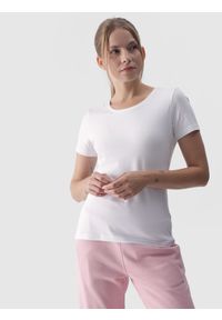 4f - 4F T-shirt slim gładki damski - biały S. Okazja: na co dzień. Kolor: biały. Materiał: dzianina, bawełna, jersey, materiał, elastan. Długość rękawa: krótki rękaw. Długość: krótkie. Wzór: gładki. Styl: sportowy, casual
