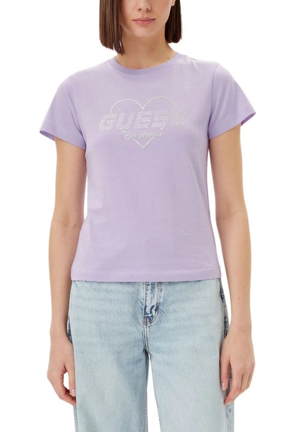 Guess - GUESS Lawendowy damski t-shirt bawełniany Narciso, Rozmiar S. Kolor: fioletowy. Materiał: bawełna