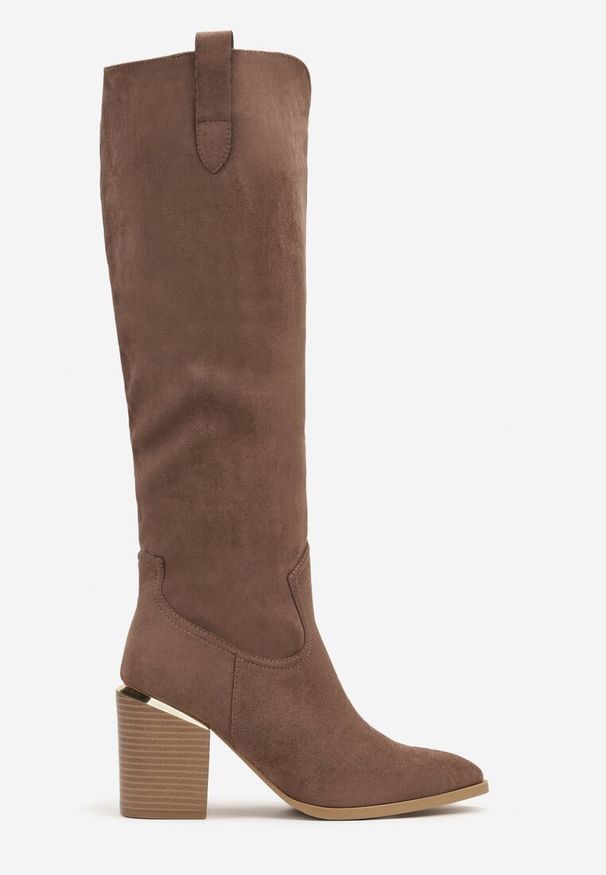 Born2be - Ciemnobeżowe Kozaki Vices na Obcasie z Metaliczną Aplikacją Rianalla. Okazja: na co dzień. Kolor: beżowy. Wzór: aplikacja. Obcas: na obcasie. Styl: glamour, casual. Wysokość obcasa: średni