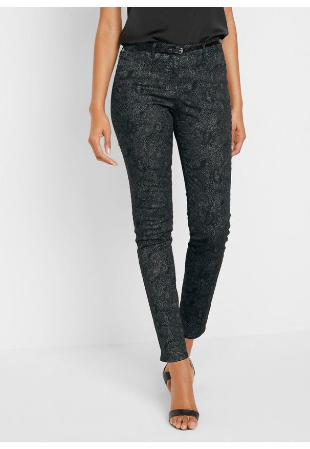 bonprix - Spodnie z diagonalu z efektownym nadrukiem. Kolor: czarny. Wzór: nadruk. Styl: klasyczny, elegancki
