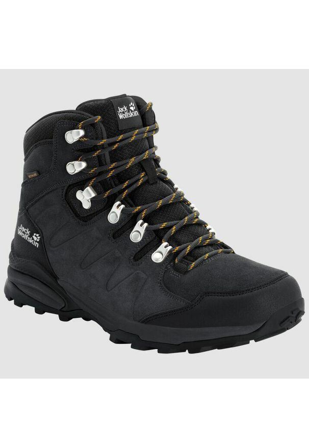 Buty trekkingowe męskie Jack Wolfskin Refugio Texapore Mid. Wysokość cholewki: za kostkę. Kolor: wielokolorowy, czarny, szary. Materiał: skóra, tkanina. Szerokość cholewki: normalna
