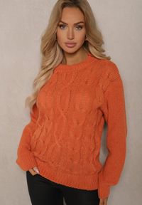 Renee - Pomarańczowy Sweter z Bawełną Ozdobiony Tłoczeniem Savariella. Okazja: na co dzień. Kolor: pomarańczowy. Materiał: bawełna. Wzór: aplikacja. Styl: klasyczny, casual, elegancki