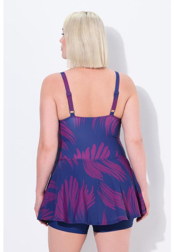 ULLA POPKEN - Damska Sukienka Kąpielowa z szortami miękkie miseczki drapowanie. Kolekcja: plus size. Kolor: niebieski. Materiał: poliester, elastan, poliamid, materiał
