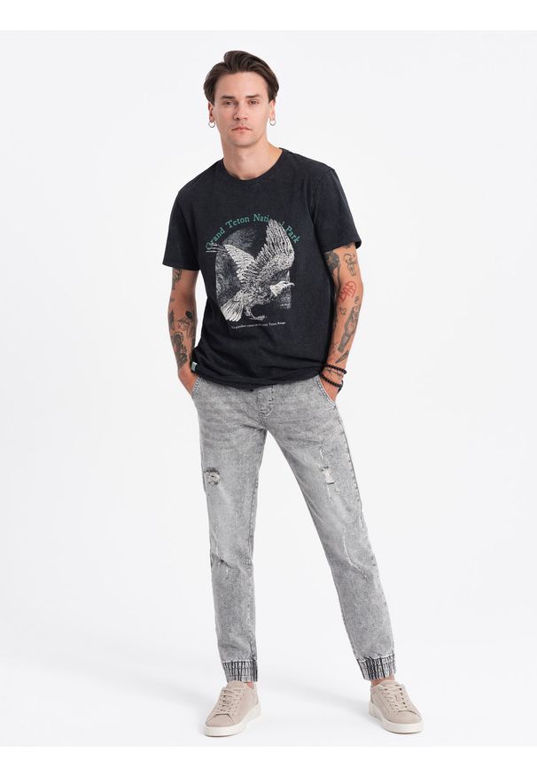 Ombre Clothing - Spodnie męskie JOGGERY jeansowe z przetarciami - jasnoszare V4 - Rozmiar: XXL. Kolor: szary. Materiał: jeans