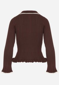 Born2be - Brązowy Sweter z Wiskozą w Stylu Retro z Kołnierzykiem i Guzikami Sarrise. Okazja: na spotkanie biznesowe, do pracy, na co dzień. Typ kołnierza: kołnierz z falbankami. Kolor: brązowy. Materiał: wiskoza. Wzór: aplikacja. Styl: retro #5