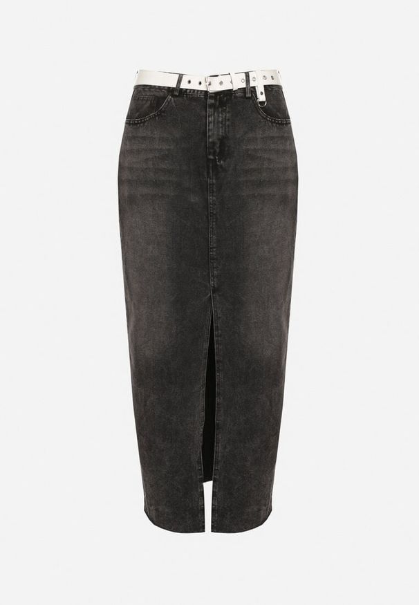 Born2be - Czarna Ołówkowa Spódnica Jeansowa z Rozcięciem z Przodu Limirea. Okazja: na co dzień. Kolor: czarny. Materiał: jeans. Styl: casual