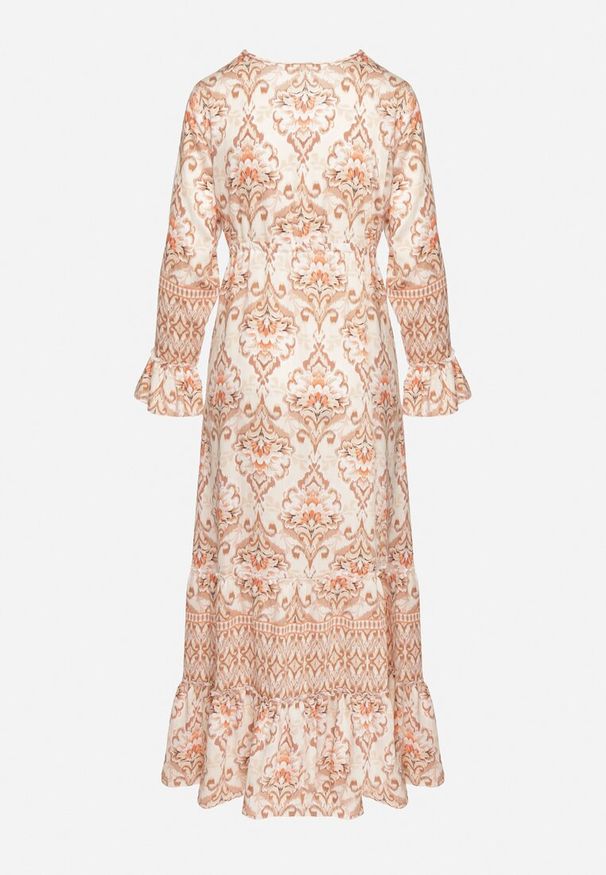 Born2be - Beżowa Rozkloszowana Sukienka z Wiskozą z Falbankami i Etnicznym Wzorem Koririane. Okazja: na spacer. Typ kołnierza: kołnierz z falbankami. Kolor: beżowy. Materiał: wiskoza. Długość rękawa: długi rękaw. Wzór: aplikacja