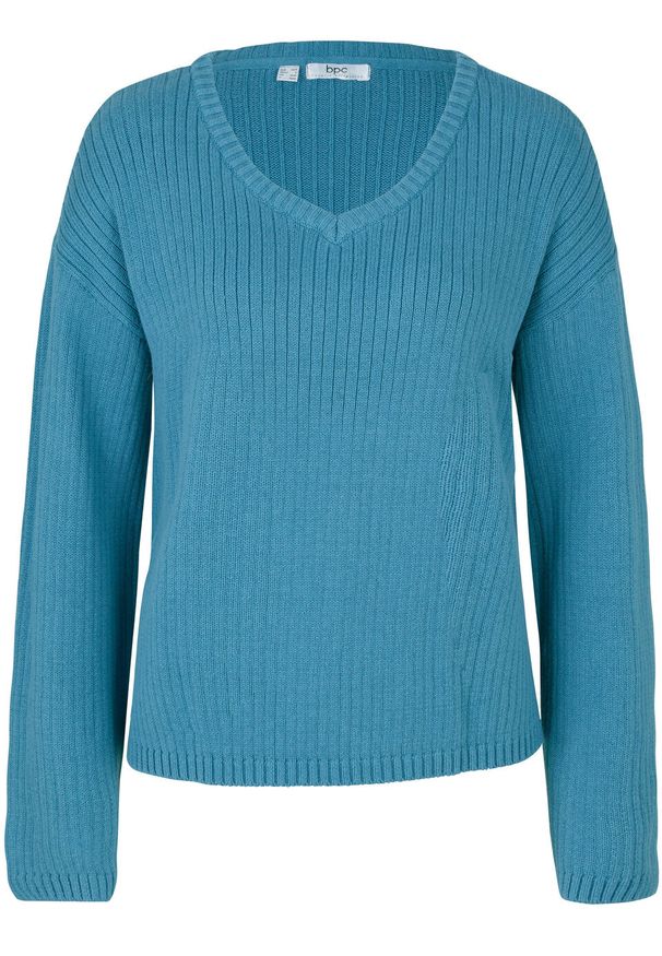 Sweter boxy bonprix matowy niebieski. Kolor: niebieski. Materiał: materiał, bawełna