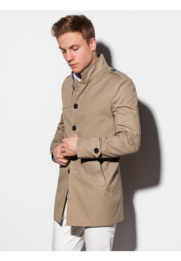 Beżowy płaszcz Ombre Clothing elegancki, ze stójką, na wiosnę