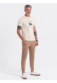 Ombre Clothing - Spodnie męskie dresowe typu jogger - brązowe V2. Okazja: na co dzień. Kolor: brązowy. Materiał: dresówka. Wzór: aplikacja. Styl: casual #2