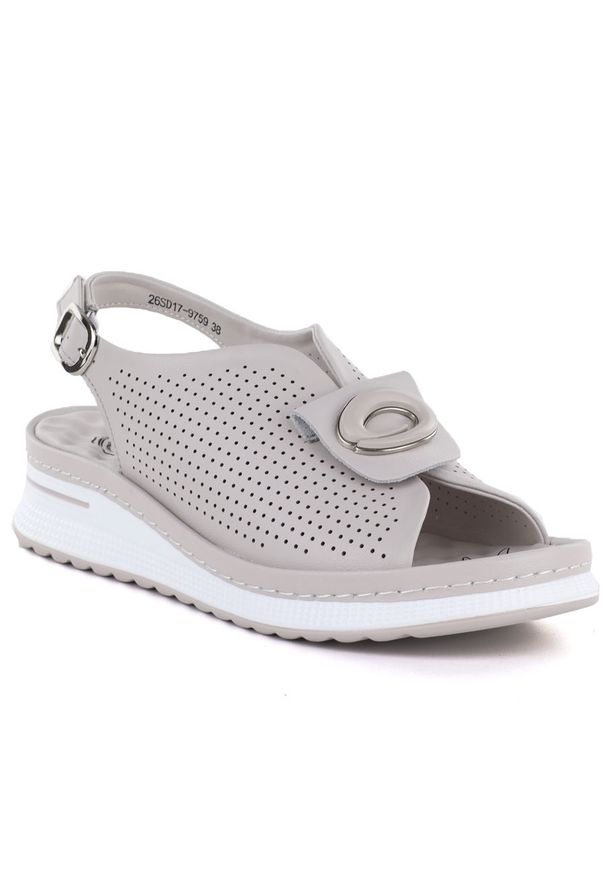 Sandały damskie na koturnie szare eVento 9759. Kolor: szary. Materiał: skóra ekologiczna. Wzór: ażurowy. Obcas: na koturnie