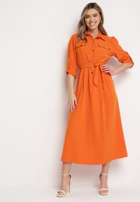 Born2be - Pomarańczowa Rozkloszowana Sukienka Maxi z Koszulową Górą i Wiązanym Paskiem Indiga. Kolor: pomarańczowy. Materiał: materiał. Wzór: jednolity. Typ sukienki: koszulowe. Długość: maxi #1