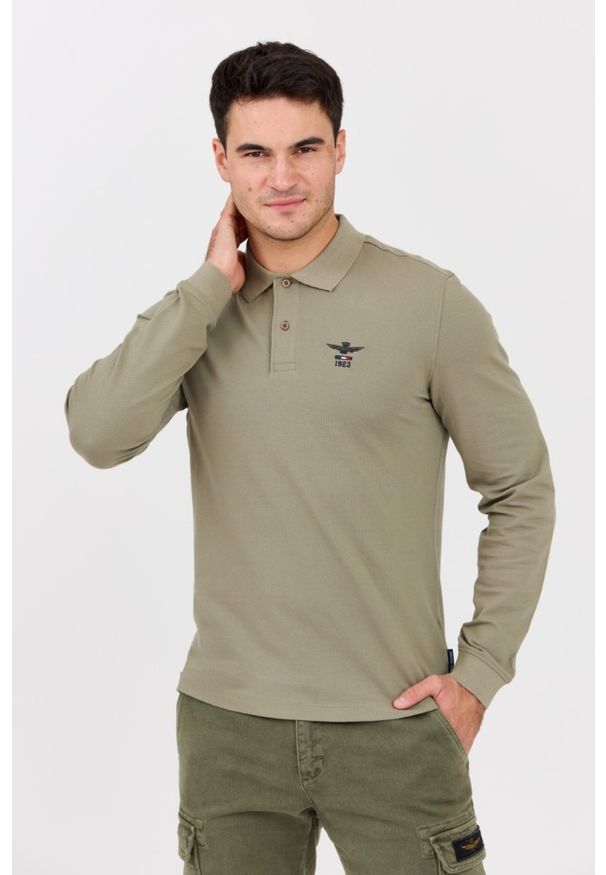 Aeronautica Militare - AERONAUTICA MILITARE Zielony męski longsleeve polo. Okazja: na co dzień. Typ kołnierza: polo. Kolor: zielony. Materiał: bawełna, materiał. Długość rękawa: długi rękaw. Styl: casual