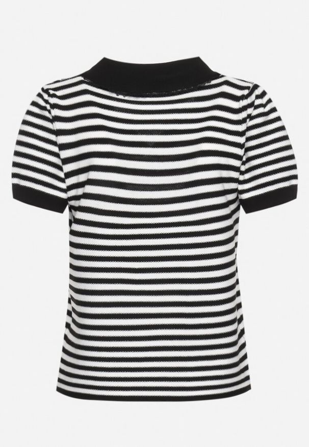 Born2be - Czarno-Biała Bluzka w Paski z Wiskozy Kołnierzyk Ozdobiony Cyrkoniami i Perełkami Lexara. Okazja: na co dzień. Kolor: czarny. Materiał: wiskoza. Długość rękawa: krótki rękaw. Długość: krótkie. Wzór: aplikacja, paski. Styl: elegancki, casual