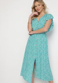 Born2be - Zielona Bawełniana Sukienka Rozkloszowana w Cętki z Ozdobnymi Guzikami Alulune. Okazja: na co dzień. Typ kołnierza: dekolt w kształcie V. Kolor: zielony. Materiał: bawełna. Długość rękawa: krótki rękaw. Styl: casual, elegancki #4