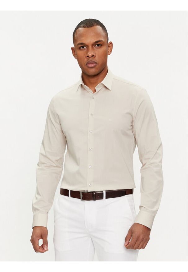 Calvin Klein Koszula K10K108229 Beżowy Slim Fit. Kolor: beżowy. Materiał: bawełna