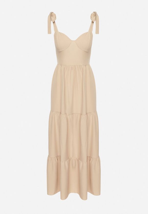 Born2be - Beżowa Rozkloszowana Sukienka z Wiskozą Ozdobiona Wiązaniem na Ramiączkach Meravessa. Okazja: na spacer. Kolor: beżowy. Materiał: wiskoza. Długość rękawa: na ramiączkach. Wzór: aplikacja