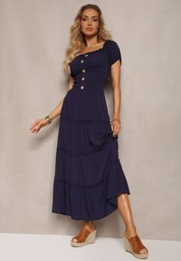 Renee - Granatowa Rozkloszowana Sukienka Maxi z Hiszpańskim Dekoltem Kailra. Kolor: niebieski. Długość: maxi #5