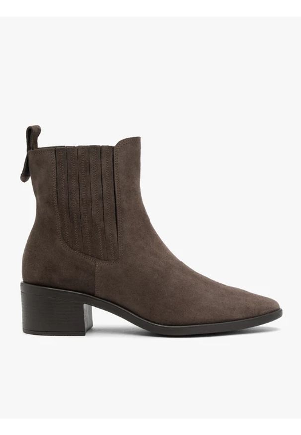 Ryłko - Brązowe sztyblety na słupku ze skóry welurowej. Okazja: na co dzień. Zapięcie: bez zapięcia. Kolor: brązowy. Szerokość cholewki: normalna. Wzór: aplikacja. Wysokość cholewki: za kostkę. Materiał: skóra, welur. Sezon: wiosna, jesień. Obcas: na słupku. Styl: casual, street, klasyczny, elegancki. Wysokość obcasa: średni