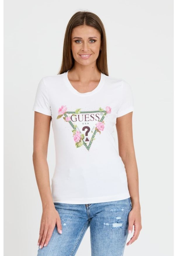 Guess - GUESS Biały t-shirt Floral Triangle Tee. Kolor: biały