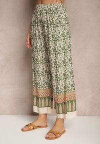 Renee - Zielone Spodnie z Bawełny High Waist z Abstrakcyjnym Wzorem Lisathiela. Okazja: na co dzień. Stan: podwyższony. Kolor: zielony. Materiał: bawełna. Styl: casual #3