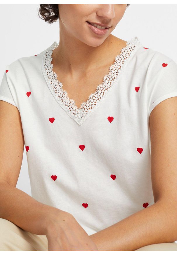 bonprix - Shirt z nadrukiem, z czystej bawełny. Typ kołnierza: dekolt w serek. Kolor: biały. Materiał: bawełna. Wzór: nadruk