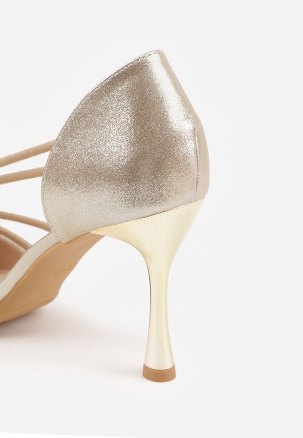 Renee - Złote Szpilki VICES z Ozdobnymi Paseczkami z Cyrkoniami w Eleganckim Stylu Jaenlith. Kolor: złoty. Materiał: satyna. Obcas: na szpilce. Styl: elegancki