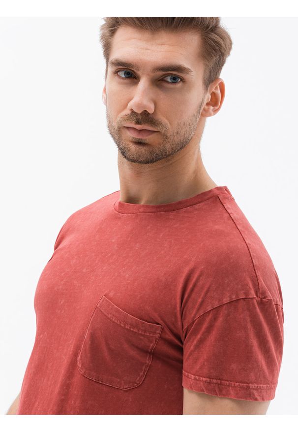 Ombre Clothing - T-shirt męski bawełniany S1375 - ceglasty - XXL. Kolor: czerwony. Materiał: bawełna. Wzór: aplikacja. Sezon: lato, wiosna