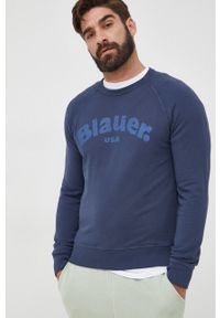 Blauer bluza bawełniana męska z nadrukiem. Okazja: na co dzień. Kolor: niebieski. Materiał: bawełna. Długość rękawa: raglanowy rękaw. Wzór: nadruk. Styl: casual