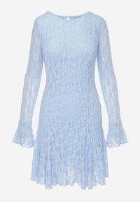 Born2be - Niebieska Sukienka Koronkowa z Rozkloszowanymi Rękawami Cinatea. Okazja: na co dzień. Typ kołnierza: kokarda. Kolor: niebieski. Materiał: koronka. Typ sukienki: proste. Styl: casual #3