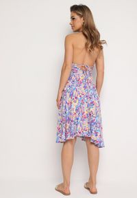 Born2be - Niebieska Bawełniana Sukienka z Wiązaniem na Szyi i Plecach Risalliem. Kolor: niebieski. Materiał: bawełna. Typ sukienki: rozkloszowane #4