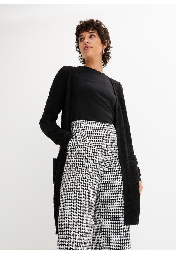 bonprix - Długi sweter bez zapięcia z przędzy boucle. Kolor: czarny. Długość: długie