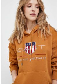 GANT - Gant bluza damska kolor brązowy z kapturem z aplikacją. Typ kołnierza: kaptur. Kolor: brązowy. Wzór: aplikacja #2