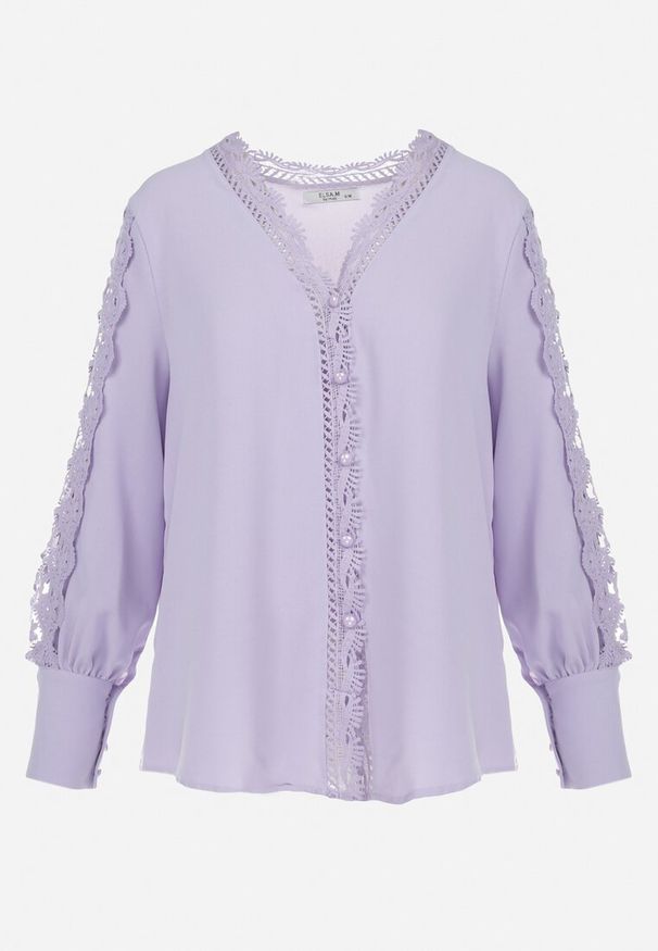 Born2be - Jasnofioletowa Koszula z Koronkowym Rękawem i Dekoltem Audrina. Kolor: fioletowy. Materiał: koronka. Długość rękawa: długi rękaw. Długość: długie. Sezon: wiosna, jesień