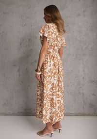 Renee - Brązowa Taliowana Sukienka z Wiskozy z Kopertowym Dekoltem Jynaela. Typ kołnierza: dekolt kopertowy. Kolor: brązowy. Materiał: wiskoza. Wzór: nadruk. Typ sukienki: kopertowe. Styl: boho #6