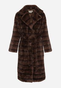 Born2be - Brązowy Klasyczny Płaszcz Futerko z Wiązanym Paskiem Aranelle. Okazja: na co dzień. Kolor: brązowy. Materiał: futro. Styl: klasyczny #7