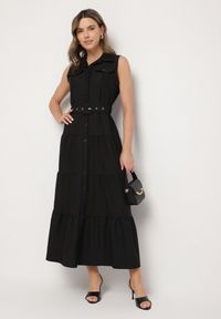 Born2be - Czarna Koszulowa Sukienka Ozdobiona Paskiem Mavorelle. Okazja: na co dzień. Kolor: czarny. Wzór: aplikacja. Typ sukienki: koszulowe. Styl: casual, elegancki #4