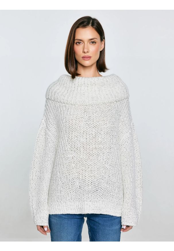 Big-Star - Sweter damski z obszernym golfem melanżowy biały Magdalena 100. Typ kołnierza: golf. Kolor: biały. Materiał: wełna, denim, materiał. Wzór: melanż. Styl: klasyczny, elegancki