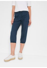 bonprix - Spodnie 3/4 z mieszanki bawełny z lnem. Kolor: niebieski. Materiał: bawełna, len. Wzór: prążki #1