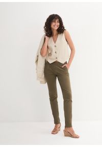 bonprix - Spodnie chinosy ze stretchem. Okazja: na co dzień. Stan: obniżony. Kolor: zielony. Materiał: bawełna. Wzór: kwiaty. Styl: casual #2