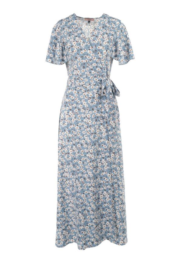 Born2be - Niebieska Sukienka Aluva. Okazja: na co dzień. Kolor: niebieski. Materiał: tkanina, materiał, wiskoza. Wzór: nadruk, aplikacja, kwiaty. Typ sukienki: kopertowe, proste. Styl: casual. Długość: maxi