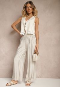 Renee - Jasnoszare Spodnie Palazzo o Szerokim Kroju High Waist Lislevia. Okazja: na co dzień. Stan: podwyższony. Kolor: szary. Styl: elegancki, casual