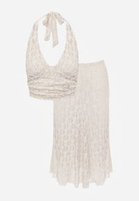 Renee - Beżowy Komplet z Koronki Spódnica i Top z Wiązaniem na Szyi Dainetia. Kolor: beżowy. Materiał: koronka. Wzór: koronka #7