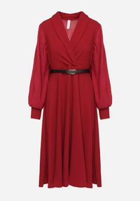 Born2be - Bordowa Rozkloszowana Sukienka Kopertowa z Bufiastymi Rękawami i Paskiem Naliris. Okazja: na co dzień. Typ kołnierza: dekolt w kształcie V. Kolor: czerwony. Materiał: skóra. Typ sukienki: kopertowe. Styl: casual #7