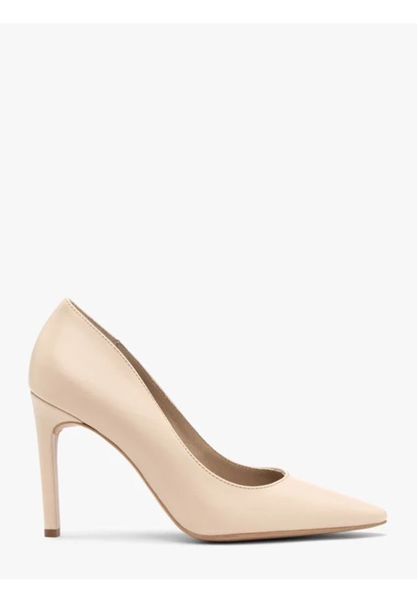 Ryłko - Beżowe czółenka na szpilce z odpinaną kokardą. Kolor: beżowy. Materiał: skóra. Szerokość cholewki: normalna. Obcas: na szpilce. Styl: street. Wysokość obcasa: średni