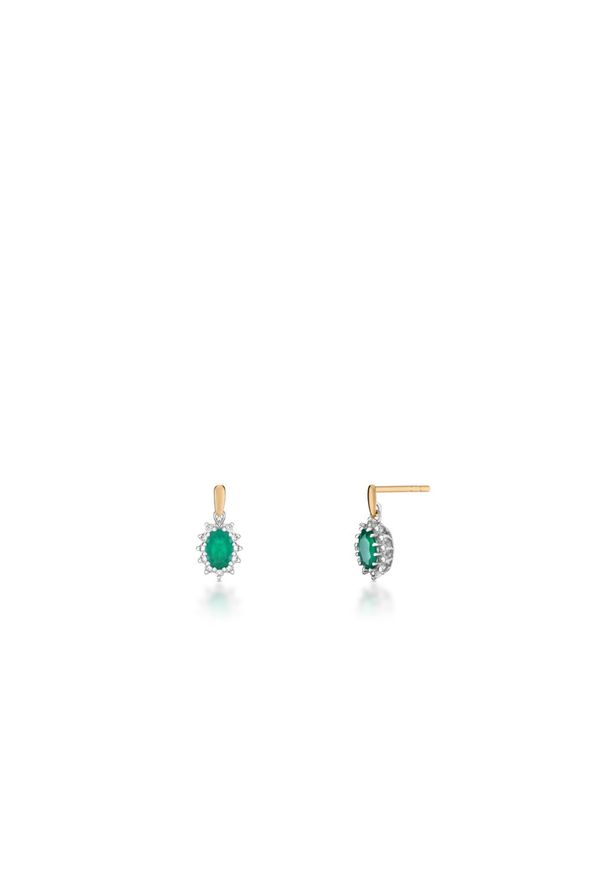 W.KRUK Unikalne Kolczyki Złote - złoto 585, Diament 0,03ct,szmaragd - ZIN/KB+292K. Materiał: złote. Kolor: złoty. Wzór: kwiaty. Kamień szlachetny: diament, szmaragd